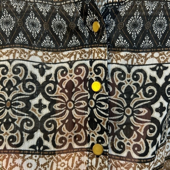 Women's Semi Sheer Fall Boho Print Blouse Size L Hippie Cottage Casual Metallic - Picture 3 of 9